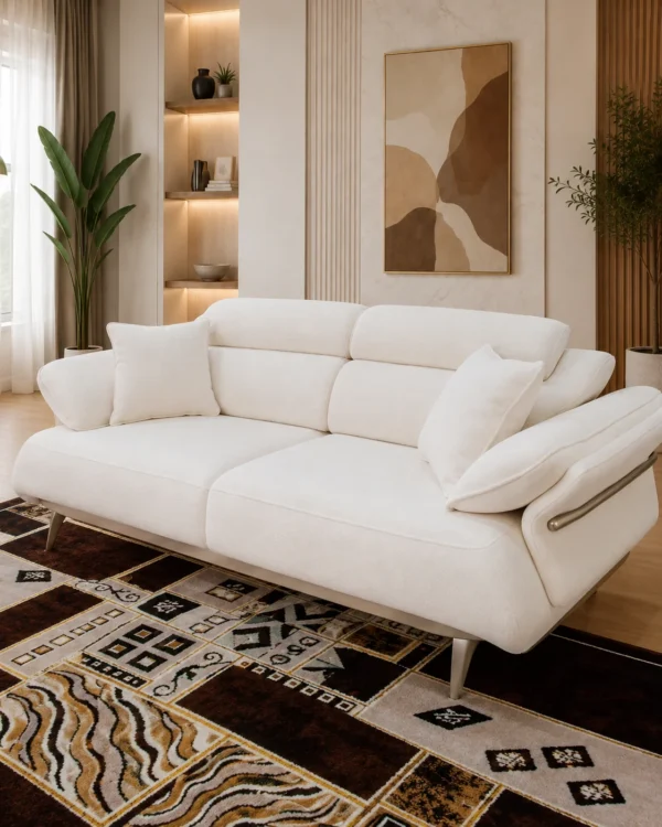 Ensemble Salon Contemporain Camel & Blanc – 2 Canapés + Fauteuil Arrondi