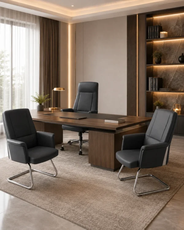 Ensemble Bureau Premium Noir – 1 Fauteuil Direction + 2 Fauteuils Visiteurs