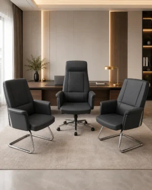 Ensemble Bureau Premium Noir – 1 Fauteuil Direction + 2 Fauteuils Visiteurs