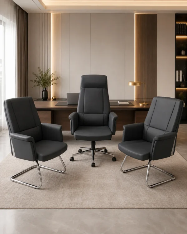 Ensemble Bureau Premium Noir – 1 Fauteuil Direction + 2 Fauteuils Visiteurs