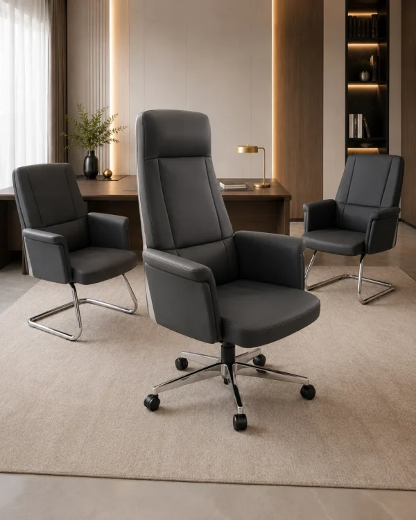 Ensemble Bureau Premium Noir – 1 Fauteuil Direction + 2 Fauteuils Visiteurs