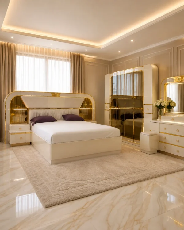 Ensemble Chambre Blanc & Doré – Lit, Armoire Miroir et Coiffeuse Lumineuse