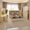 Ensemble Chambre à Coucher Moderne Blanc Crème & Doré – Lit, Armoire et Coiffeuse
