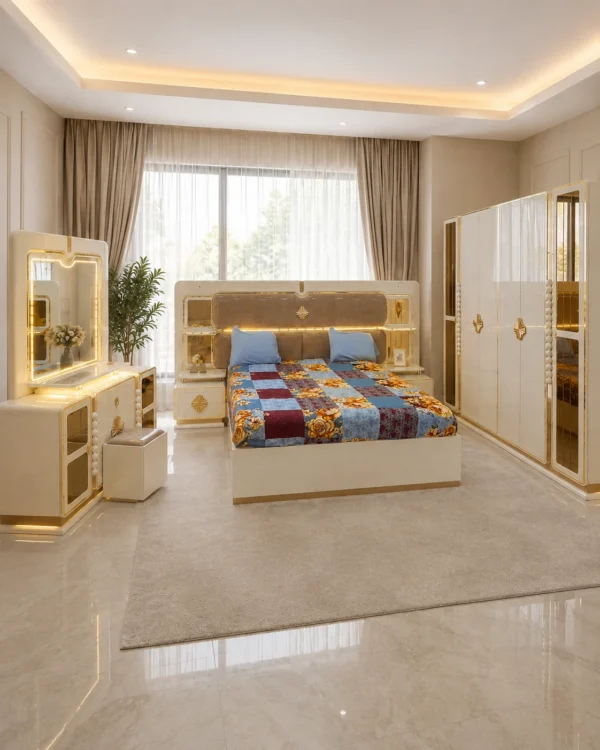 Ensemble Chambre à Coucher Moderne Blanc Crème & Doré – Lit, Armoire et Coiffeuse