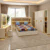 Ensemble Chambre à Coucher Moderne Blanc Crème & Doré – Lit, Armoire et Coiffeuse