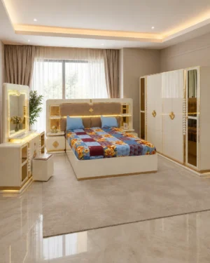 Ensemble Chambre à Coucher Moderne Blanc Crème & Doré – Lit, Armoire et Coiffeuse