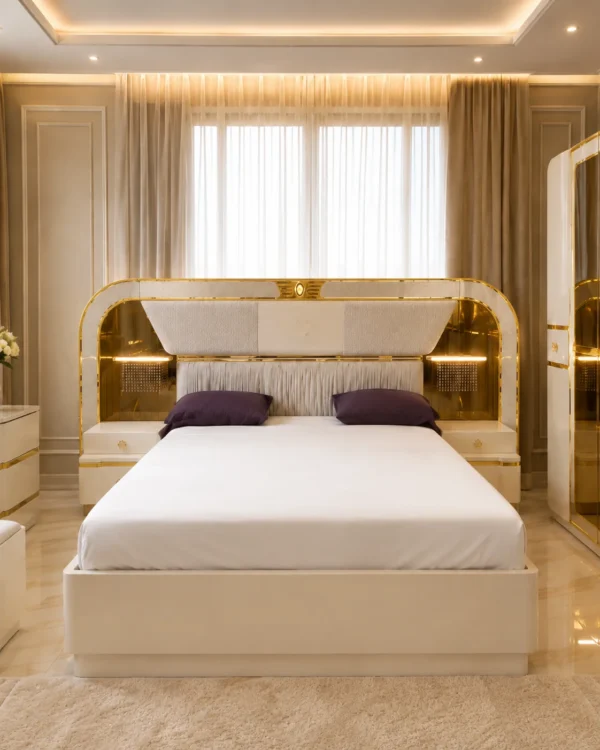 Ensemble Chambre Blanc & Doré – Lit, Armoire Miroir et Coiffeuse Lumineuse