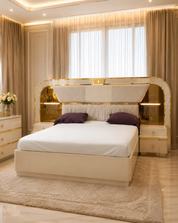 Ensemble Chambre Blanc & Doré – Lit, Armoire Miroir et Coiffeuse Lumineuse