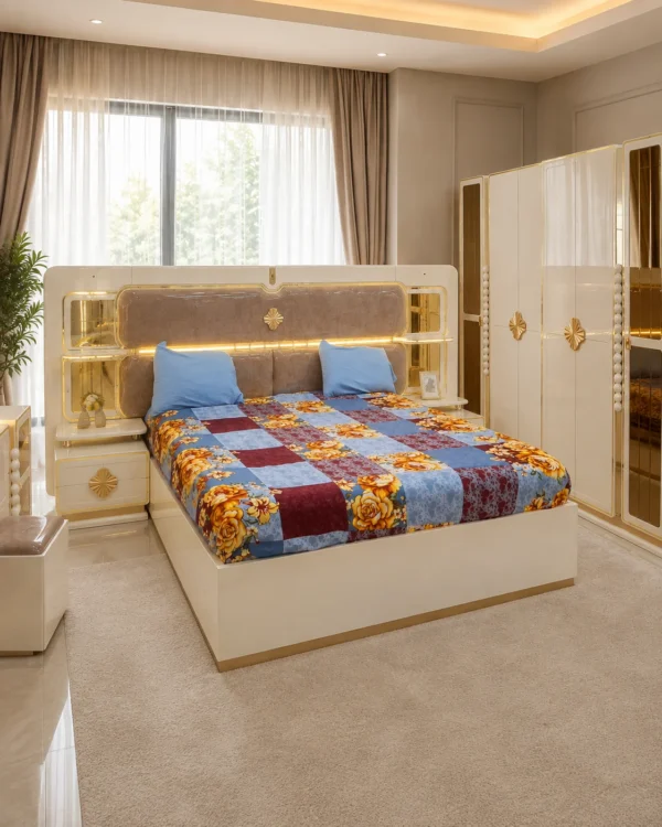 Ensemble Chambre à Coucher Moderne Blanc Crème & Doré – Lit, Armoire et Coiffeuse