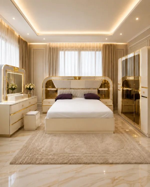 Ensemble Chambre Blanc & Doré – Lit, Armoire Miroir et Coiffeuse Lumineuse