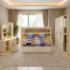 Ensemble Chambre à Coucher Moderne Blanc Crème & Doré – Lit, Armoire et Coiffeuse