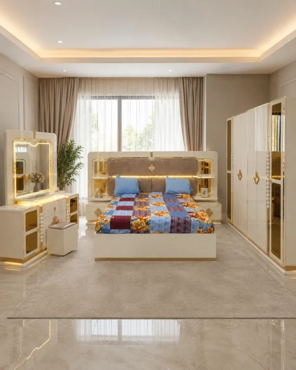 Ensemble Chambre à Coucher Moderne Blanc Crème & Doré – Lit, Armoire et Coiffeuse