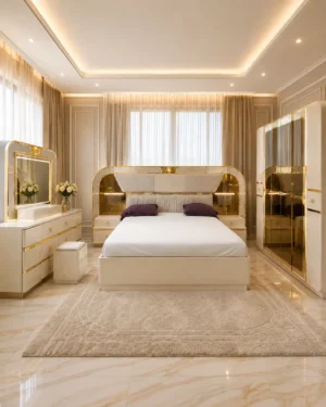 Ensemble Chambre Blanc & Doré – Lit, Armoire Miroir et Coiffeuse Lumineuse