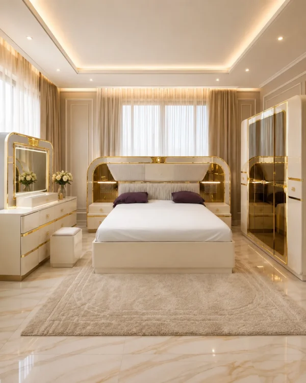 Ensemble Chambre Blanc & Doré – Lit, Armoire Miroir et Coiffeuse Lumineuse