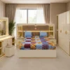 Ensemble Chambre à Coucher Moderne Blanc Crème & Doré – Lit, Armoire et Coiffeuse