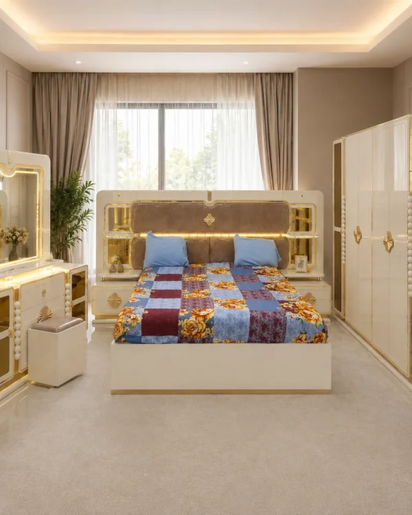 Ensemble Chambre à Coucher Moderne Blanc Crème & Doré – Lit, Armoire et Coiffeuse