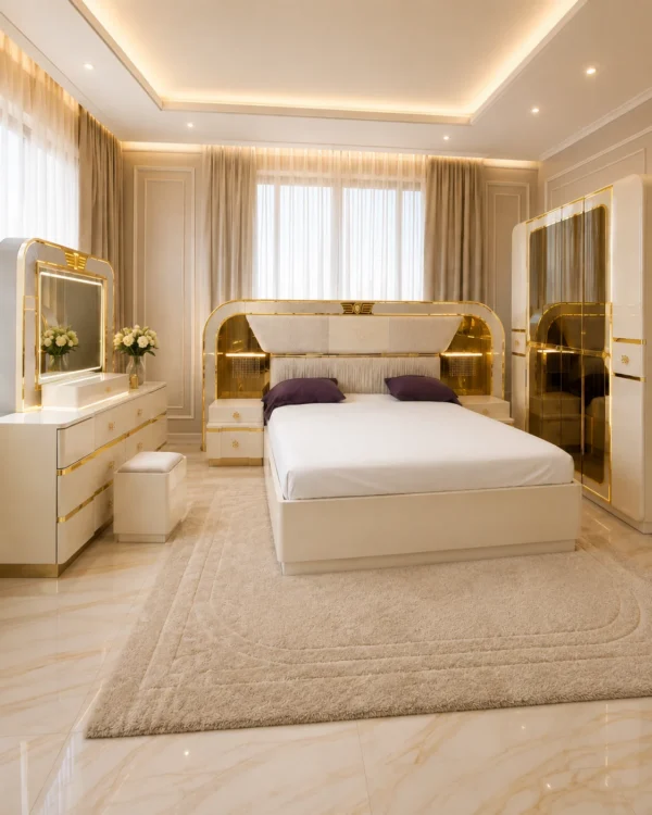 Ensemble Chambre Blanc & Doré – Lit, Armoire Miroir et Coiffeuse Lumineuse