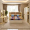 Ensemble Chambre à Coucher Moderne Blanc Crème & Doré – Lit, Armoire et Coiffeuse