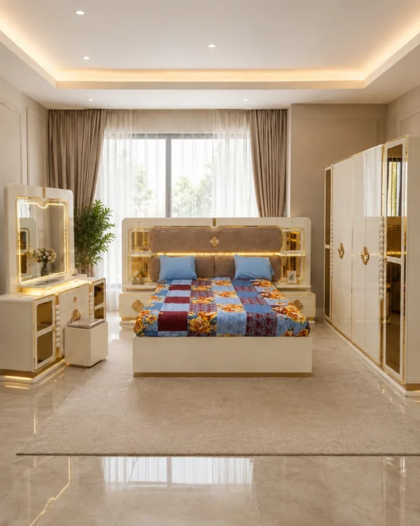 Ensemble Chambre à Coucher Moderne Blanc Crème & Doré – Lit, Armoire et Coiffeuse