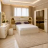 Ensemble Chambre Blanc & Doré – Lit, Armoire Miroir et Coiffeuse Lumineuse