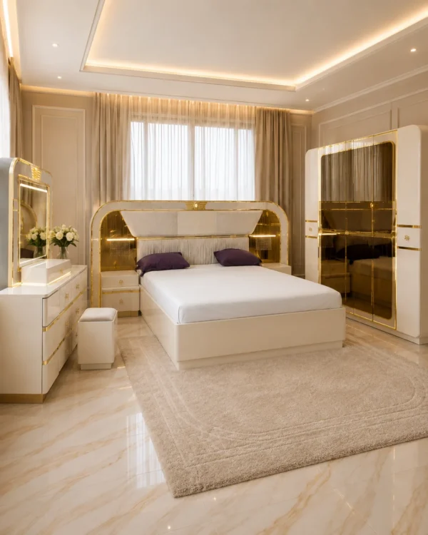 Ensemble Chambre Blanc & Doré – Lit, Armoire Miroir et Coiffeuse Lumineuse