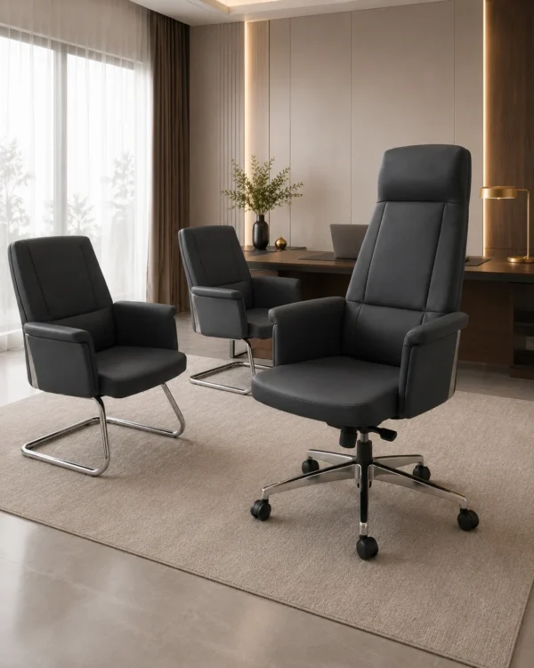 Ensemble Bureau Premium Noir – 1 Fauteuil Direction + 2 Fauteuils Visiteurs