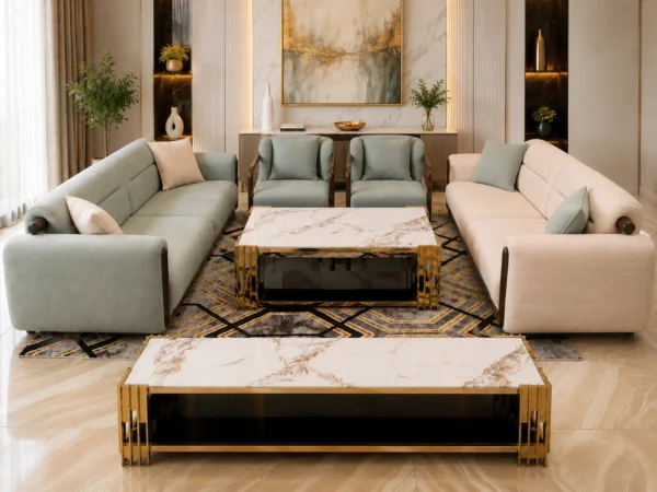 Salon Premium Vert Sauge & Beige avec Fauteuils Assortis