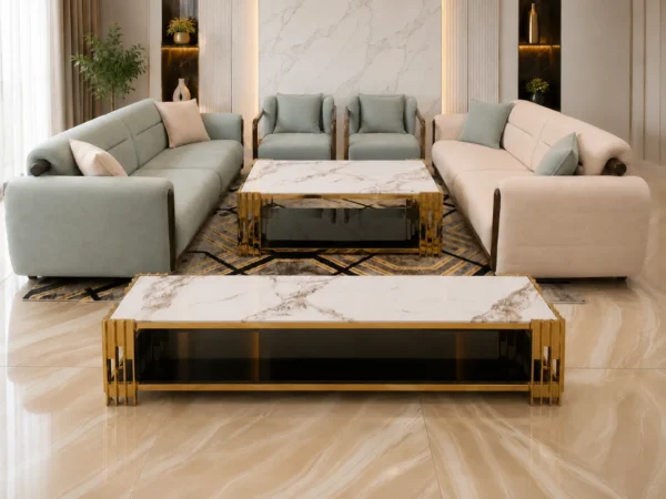 Salon Premium Vert Sauge & Beige avec Fauteuils Assortis