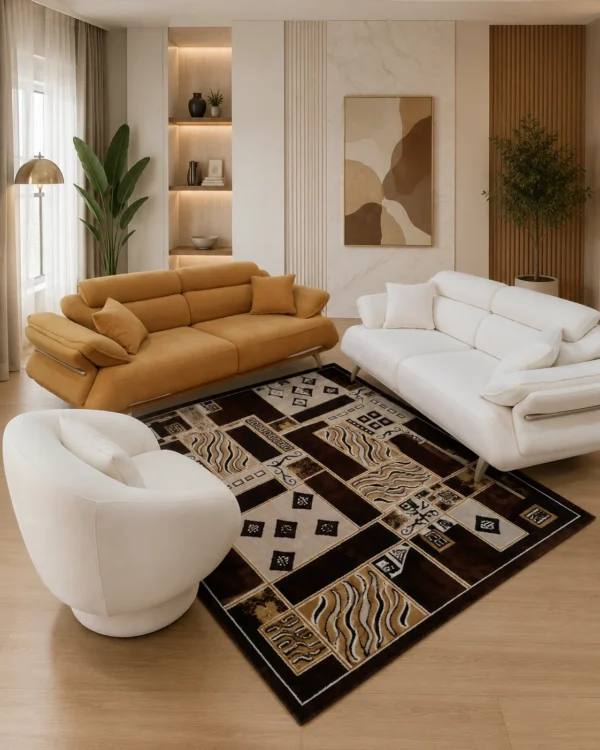Ensemble Salon Contemporain Camel & Blanc – 2 Canapés + Fauteuil Arrondi