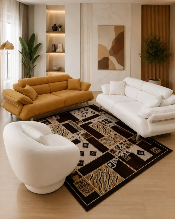 Ensemble Salon Contemporain Camel & Blanc – 2 Canapés + Fauteuil Arrondi