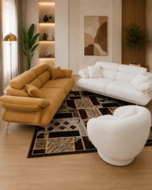 Ensemble Salon Contemporain Camel & Blanc – 2 Canapés + Fauteuil Arrondi