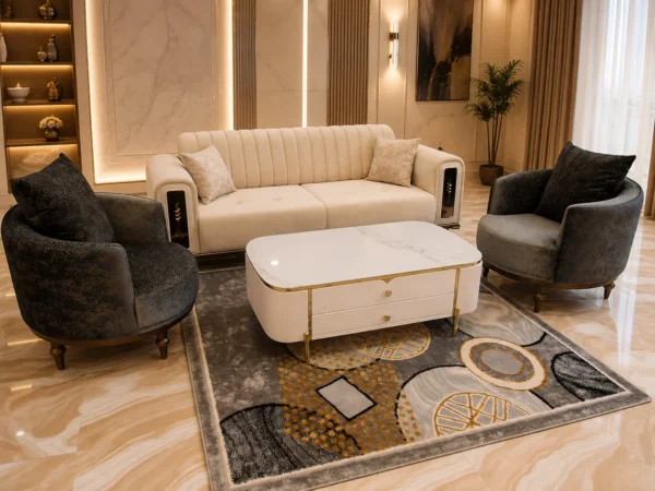 Ensemble Salon Premium Crème & Gris – Canapé + 2 Fauteuils