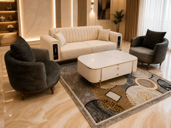 Ensemble Salon Premium Crème & Gris – Canapé + 2 Fauteuils