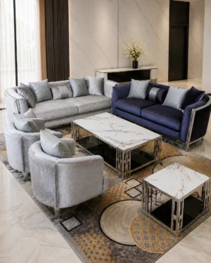 Ensemble Salon Premium Gris Clair & Bleu Marine – Canapés et Fauteuils