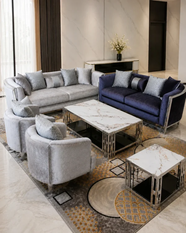 Ensemble Salon Premium Gris Clair & Bleu Marine – Canapés et Fauteuils