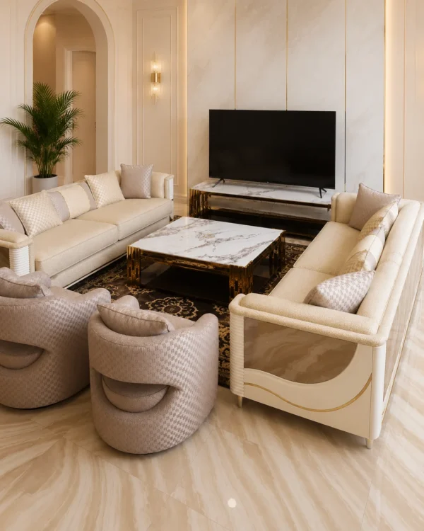 Salon Premium Beige Crème avec Fauteuils Design
